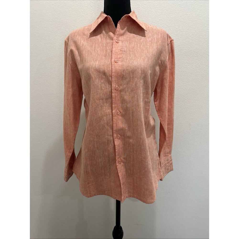 Mountain Lake Womens Sz S Coral Orange Shirt With Gold Threading Bottom Collared